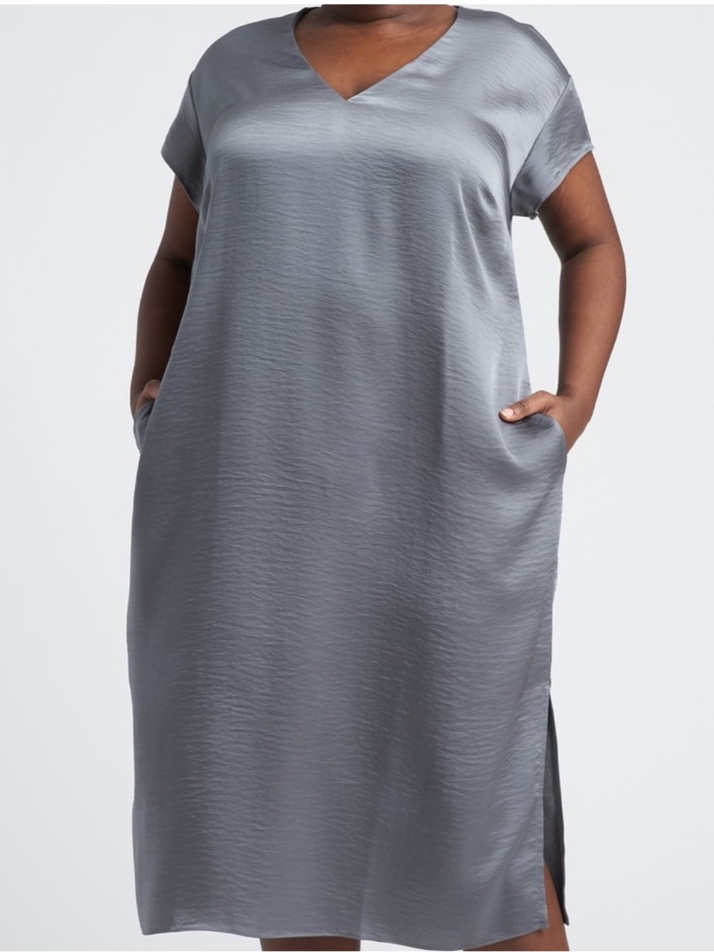 Universal Standard Cindy Satin Midi Dress Gray V Neck Side Slit Pockets 18/20, M